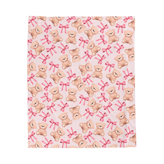 Plush Blanket Coquette Bear and Pink Bows Soft Fuzzy Bedding Throw, Bed Decor, Home Textile, Cozy Gift, Warm Cover